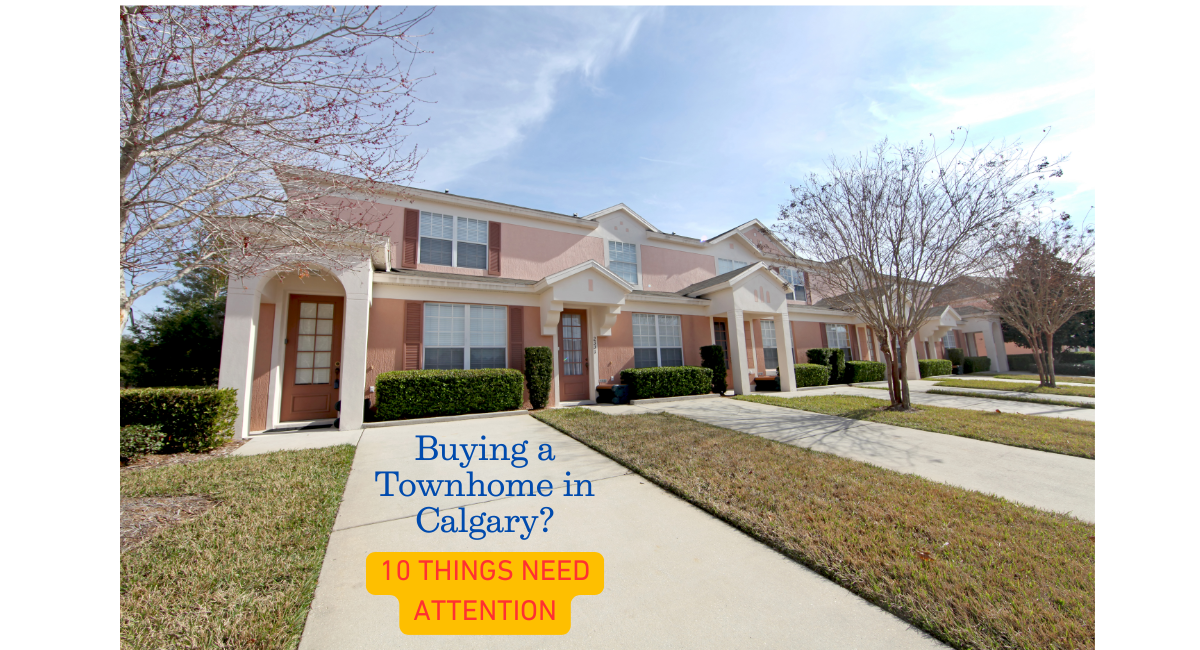 Row of Calgary townhomes with buying tips highlighted for first-time home buyers.